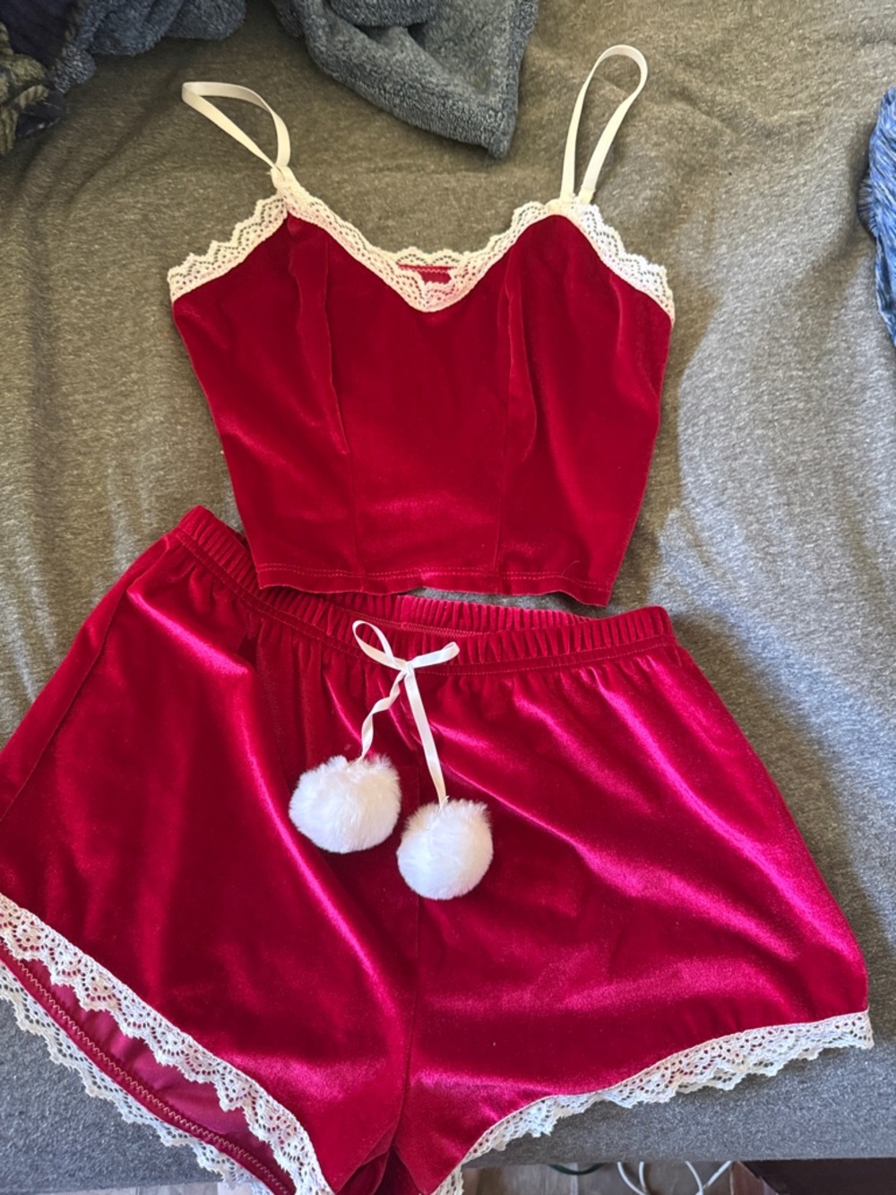 Velvet Lace-Trim Cami & Short Sleep Set - Red